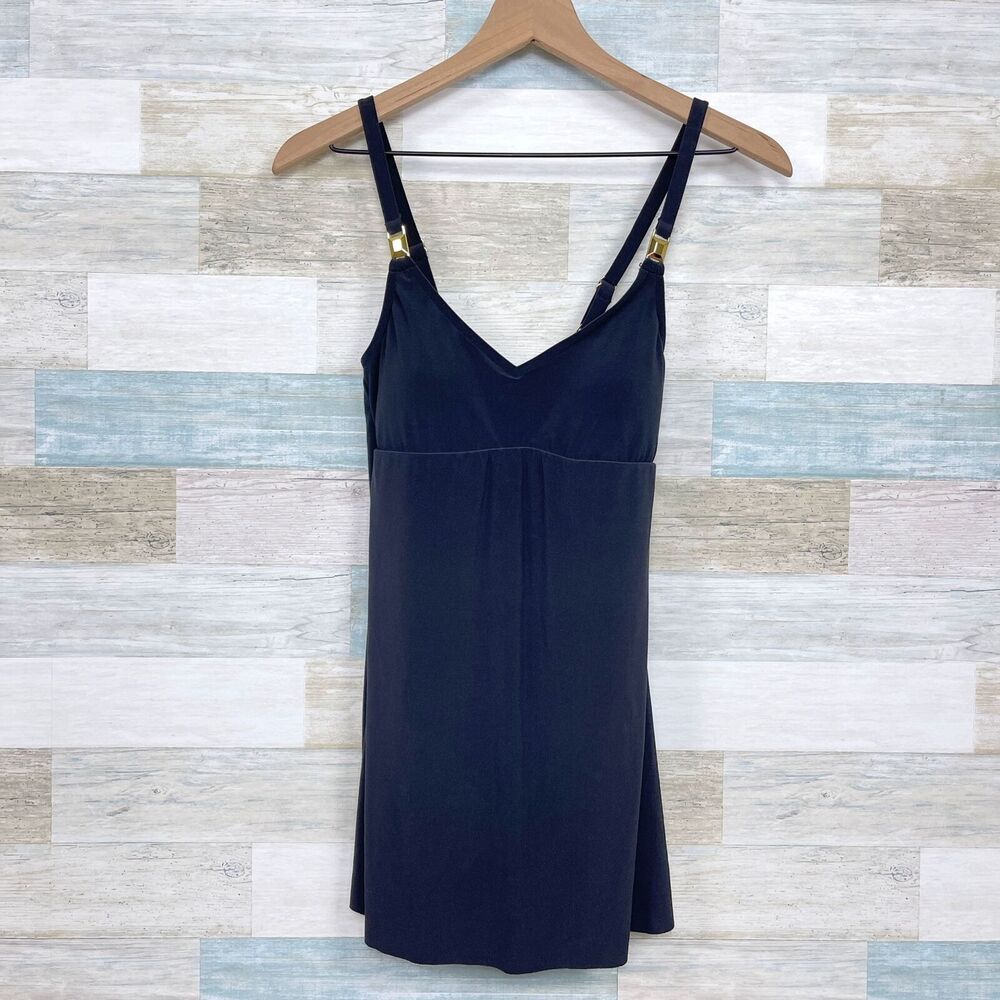 Aqua Green One Piece Swim Dress Black Side Slit Padded Modest Womens Small